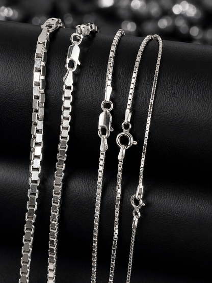 Solid 925 Sterling Silver Square Box Chains 1mm, 1.5mm, 2mm, 3mm, 4mm