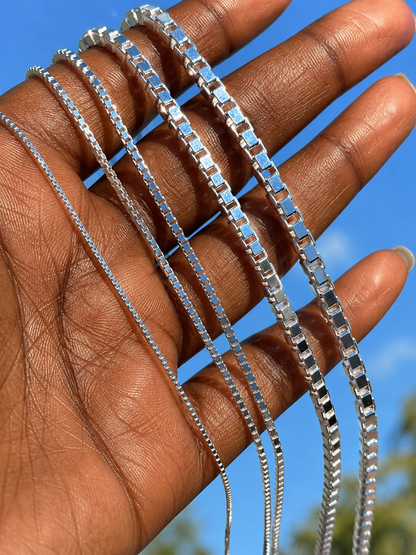 Solid 925 Sterling Silver Square Box Chains 1mm, 1.5mm, 2mm, 3mm, 4mm
