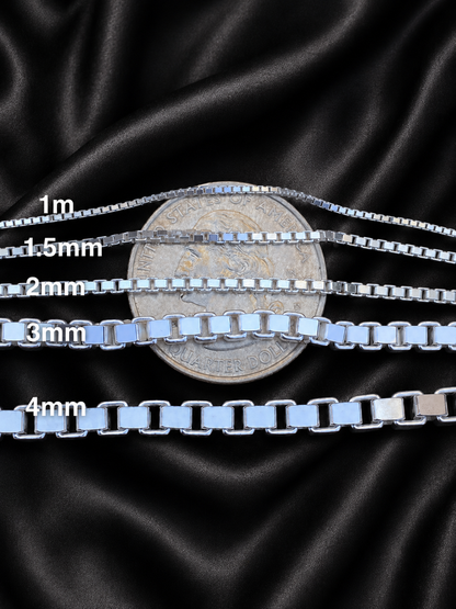 Solid 925 Sterling Silver Square Box Chains 1mm, 1.5mm, 2mm, 3mm, 4mm