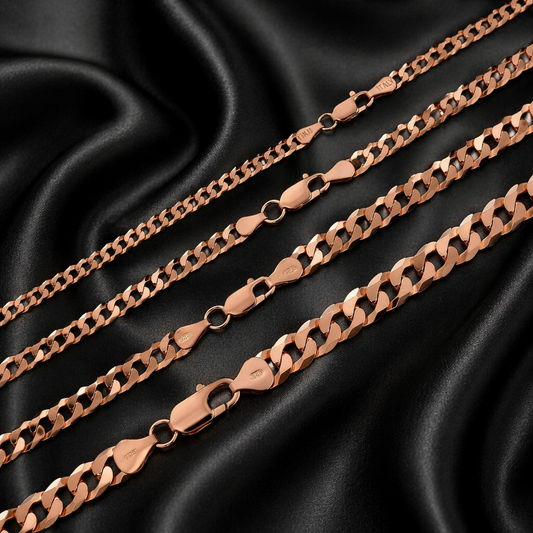 FLAT Curb Cuban Chains 14k Rose Gold Finish over Solid 925 Sterling Silver 3mm to 8mm