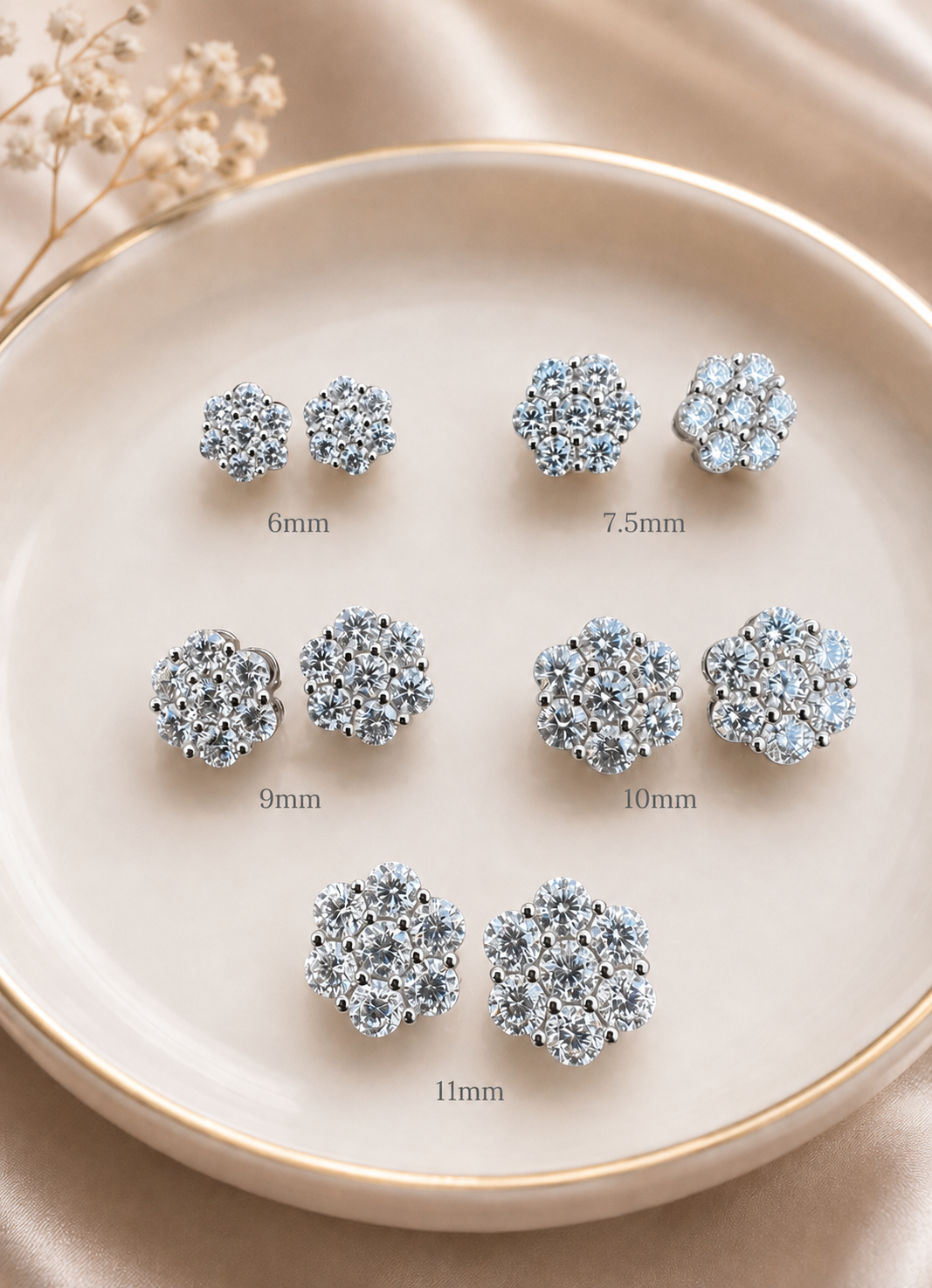 925 Sterling Silver Moissanite Floral Honeycomb Design Stud Earrings 6mm - 11mm