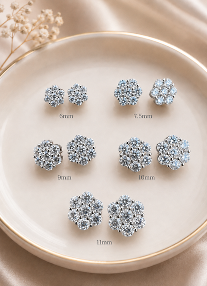 925 Sterling Silver Moissanite Floral Honeycomb Design Stud Earrings 6mm - 11mm