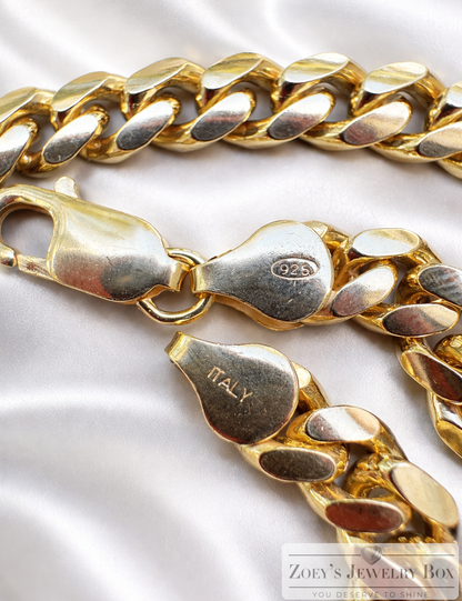 Miami Cuban Bracelet with Lobster Clasp 14k Gold over Solid 925 Sterling Silver 4mm - 10mm
