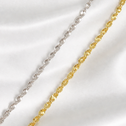 Unisex 2.5mm Twisted Singapore Rope Chain Necklace -  Solid 925 Sterling Silver or 14k Gold Finish