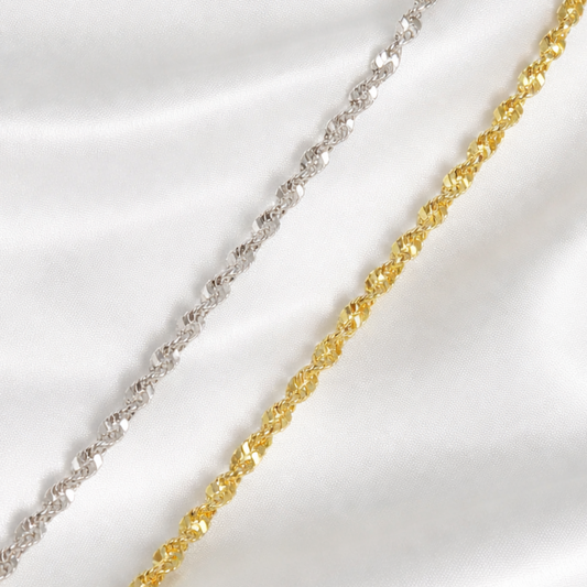 Unisex 2.5mm Twisted Singapore Rope Chain Necklace -  Solid 925 Sterling Silver or 14k Gold Finish