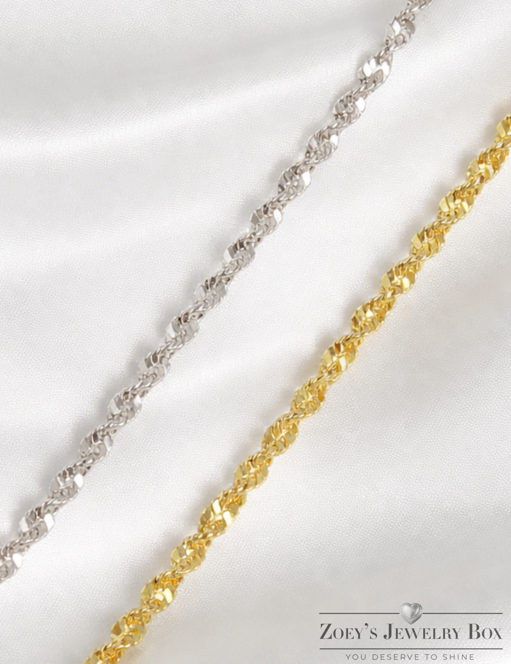 Unisex 2.5mm Twisted Singapore Rope Chain Necklace -  Solid 925 Sterling Silver or 14k Gold Finish