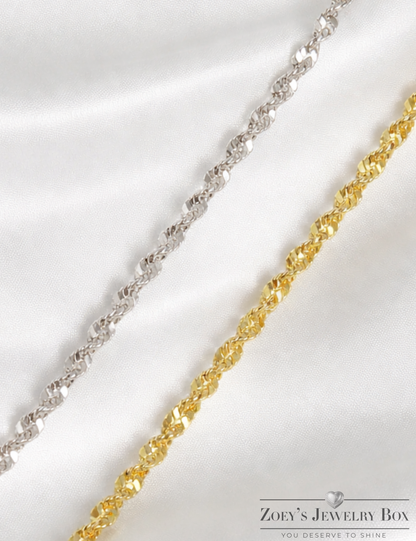 Unisex 2.5mm Twisted Singapore Rope Chain Necklace -  Solid 925 Sterling Silver or 14k Gold Finish