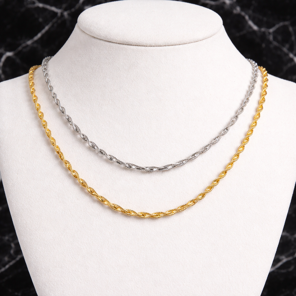 Unisex 2.5mm Twisted Singapore Rope Chain Necklace -  Solid 925 Sterling Silver or 14k Gold Finish