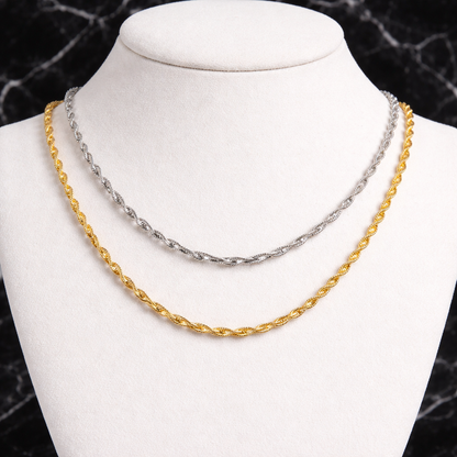 Unisex 2.5mm Twisted Singapore Rope Chain Necklace -  Solid 925 Sterling Silver or 14k Gold Finish