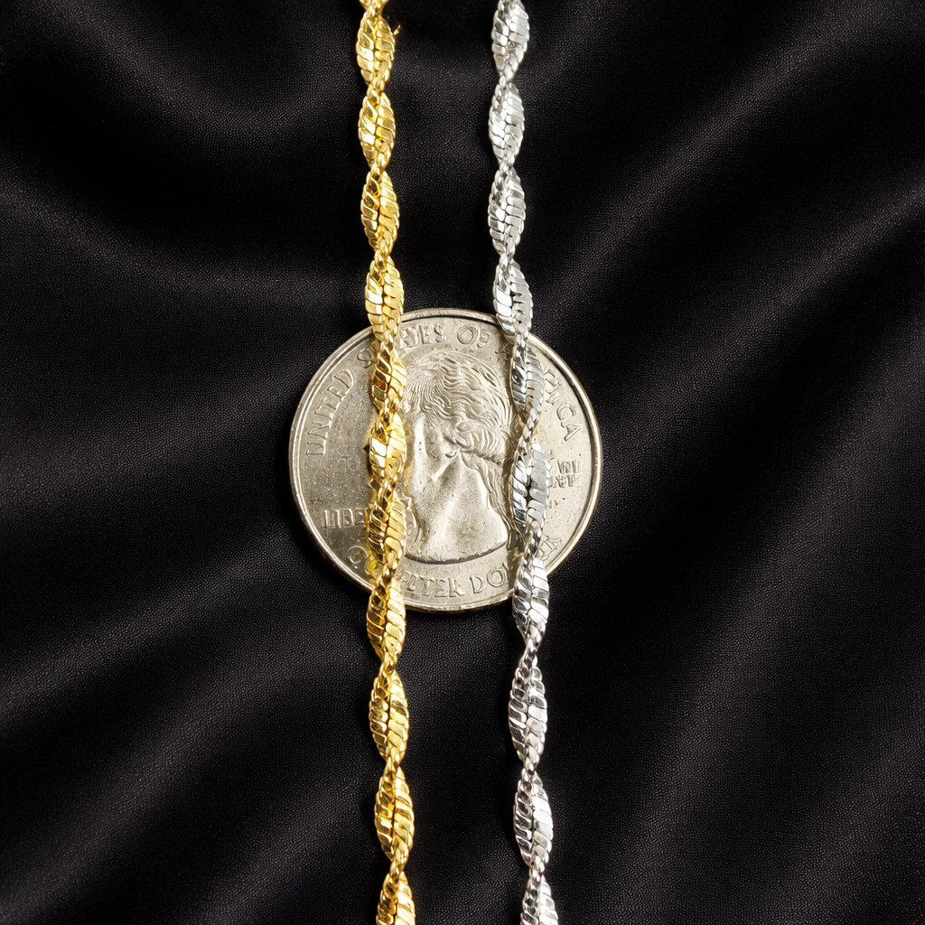 Unisex 2.5mm Twisted Singapore Rope Chain Necklace -  Solid 925 Sterling Silver or 14k Gold Finish