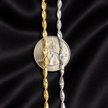 Unisex 2.5mm Twisted Singapore Rope Chain Necklace -  Solid 925 Sterling Silver or 14k Gold Finish