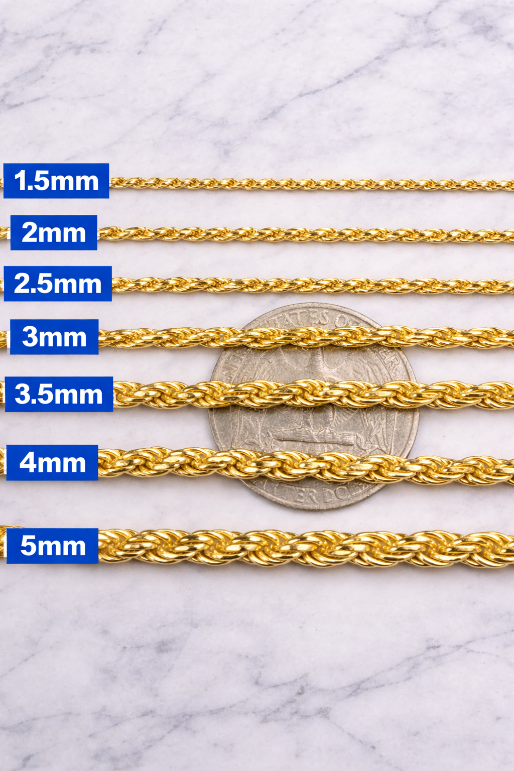 14k Gold Vermeil Over 925 Sterling Silver Diamond Cut Rope Chains 1.5mm to 5mm
