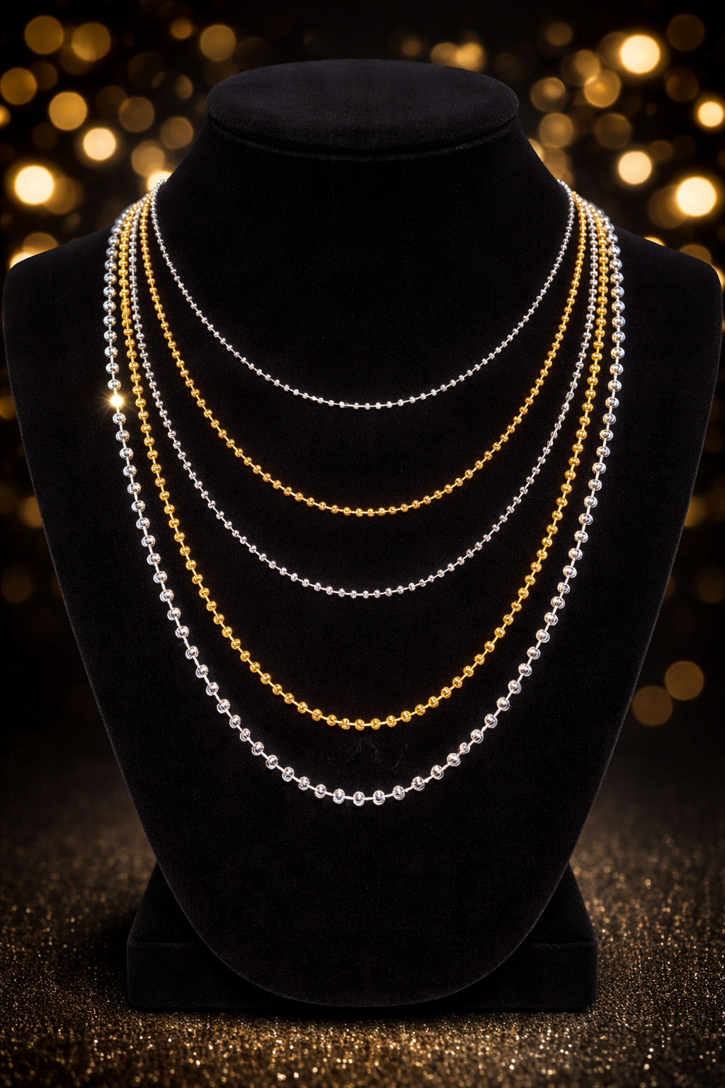 925 Sterling Silver Diamond Cut Moon Bead Chains for Men or Women Gold or Rhodium Finish