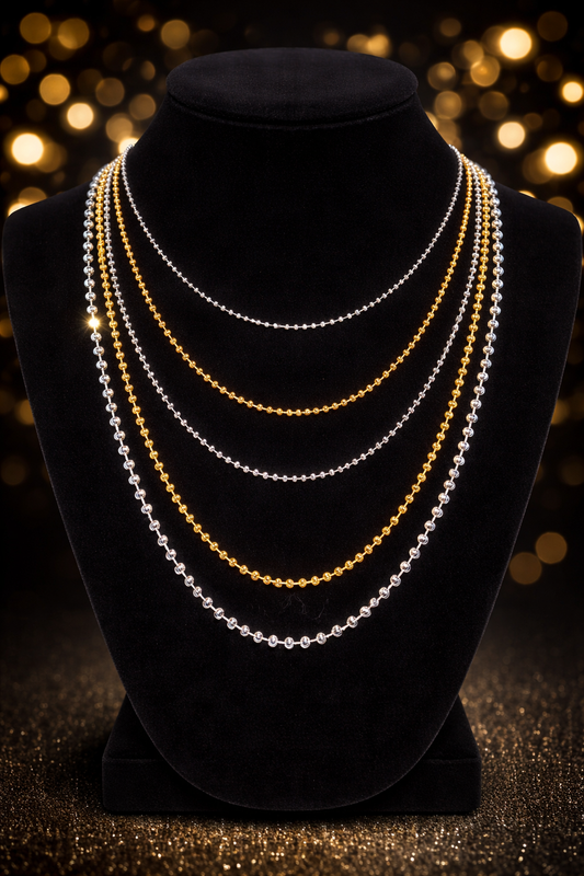 925 Sterling Silver Diamond Cut Moon Bead Chains for Men or Women Gold or Rhodium Finish