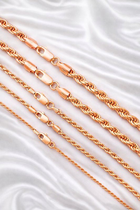 14k Rose Gold Vermeil Over 925 Sterling Silver Diamond Cut Rope Chains 1.5mm to 6mm