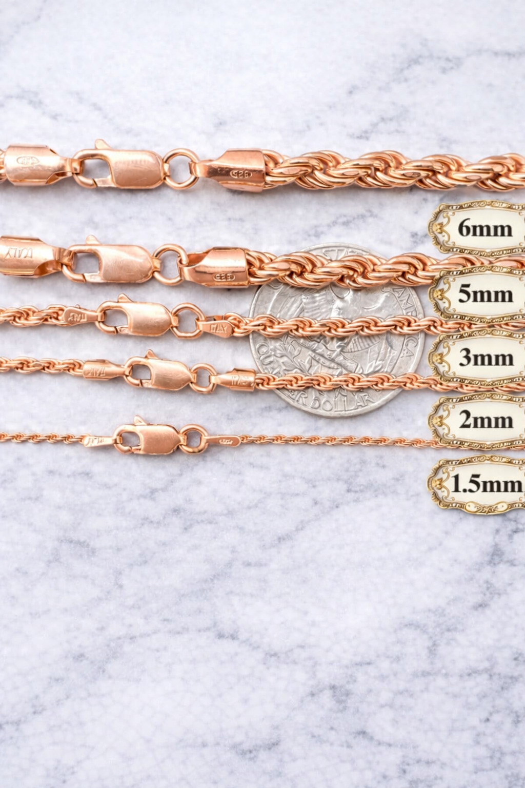 14k Rose Gold Vermeil Over 925 Sterling Silver Diamond Cut Rope Chains 1.5mm to 6mm