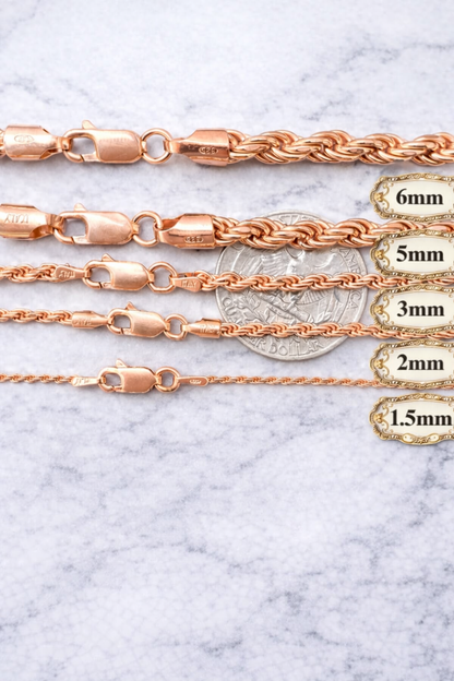 14k Rose Gold Vermeil Over 925 Sterling Silver Diamond Cut Rope Chains 1.5mm to 6mm