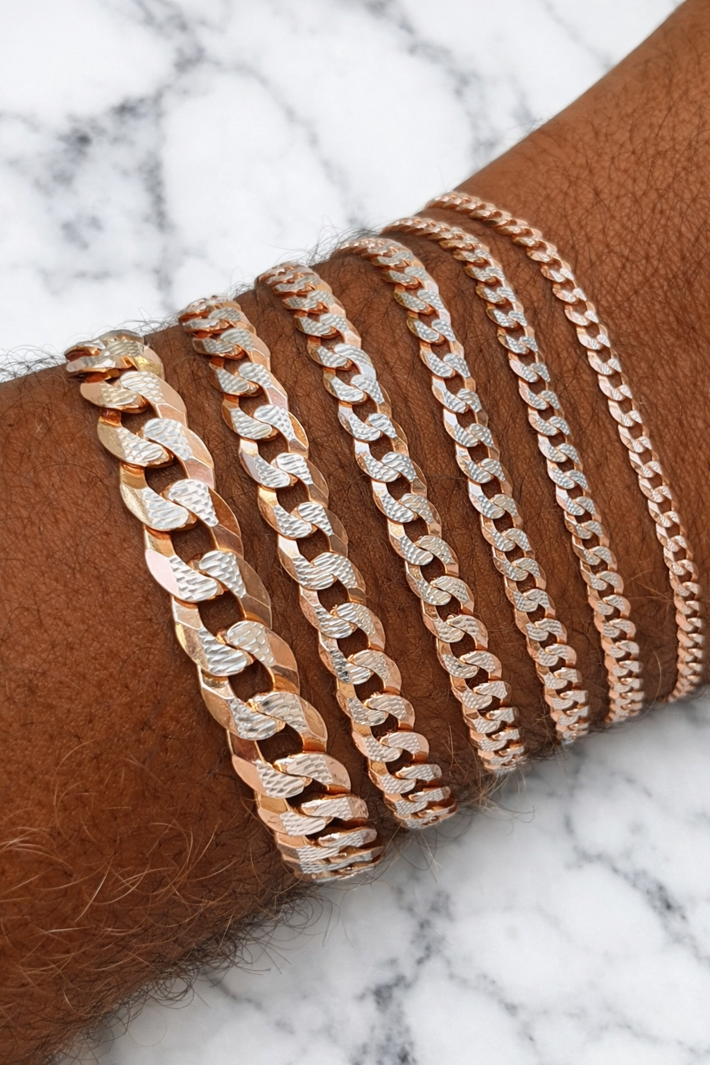 Two Tone FLAT Curb Cuban Bracelets 14k Rose Gold Finish over Solid 925 Sterling Silver 3mm to 10.5mm