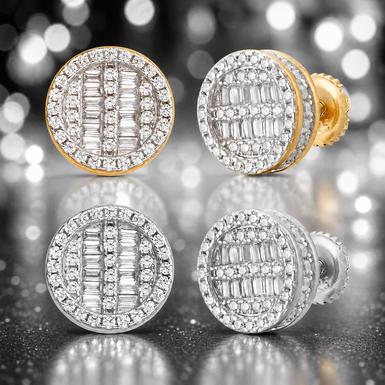 Round Baguette Stud Earrings - Screw Back Closure