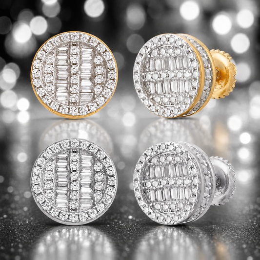 Round Baguette Stud Earrings - Screw Back Closure