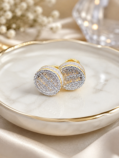 Round Baguette Stud Earrings - Screw Back Closure