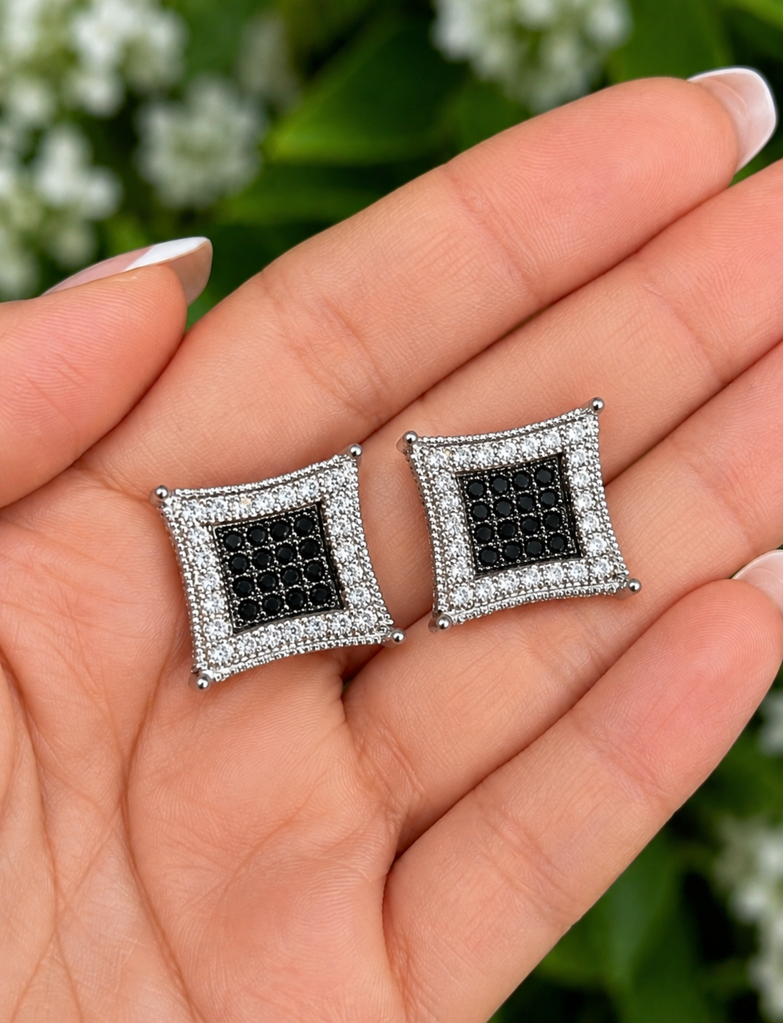 3D Kite Classic Iced Out Earrings (925 Silver, Black CZ Stones, 11.5mm)