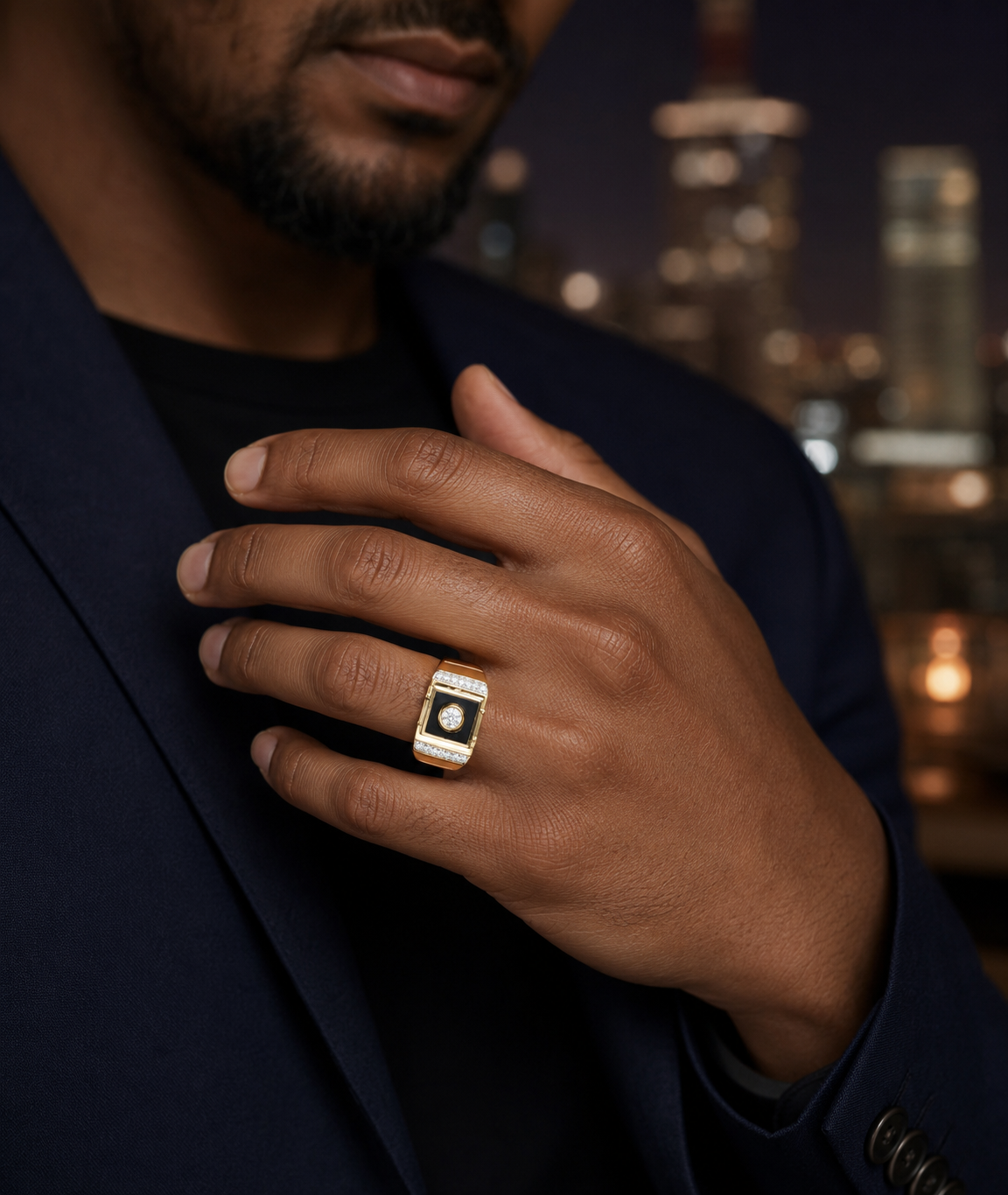 Gold Onyx Moissanite Solitaire Ring