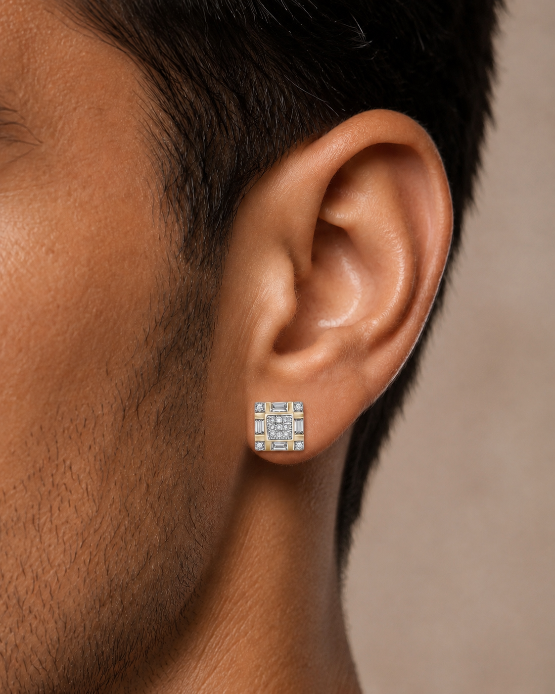 Two Tone Checkered Baguette CZ Square Earrings