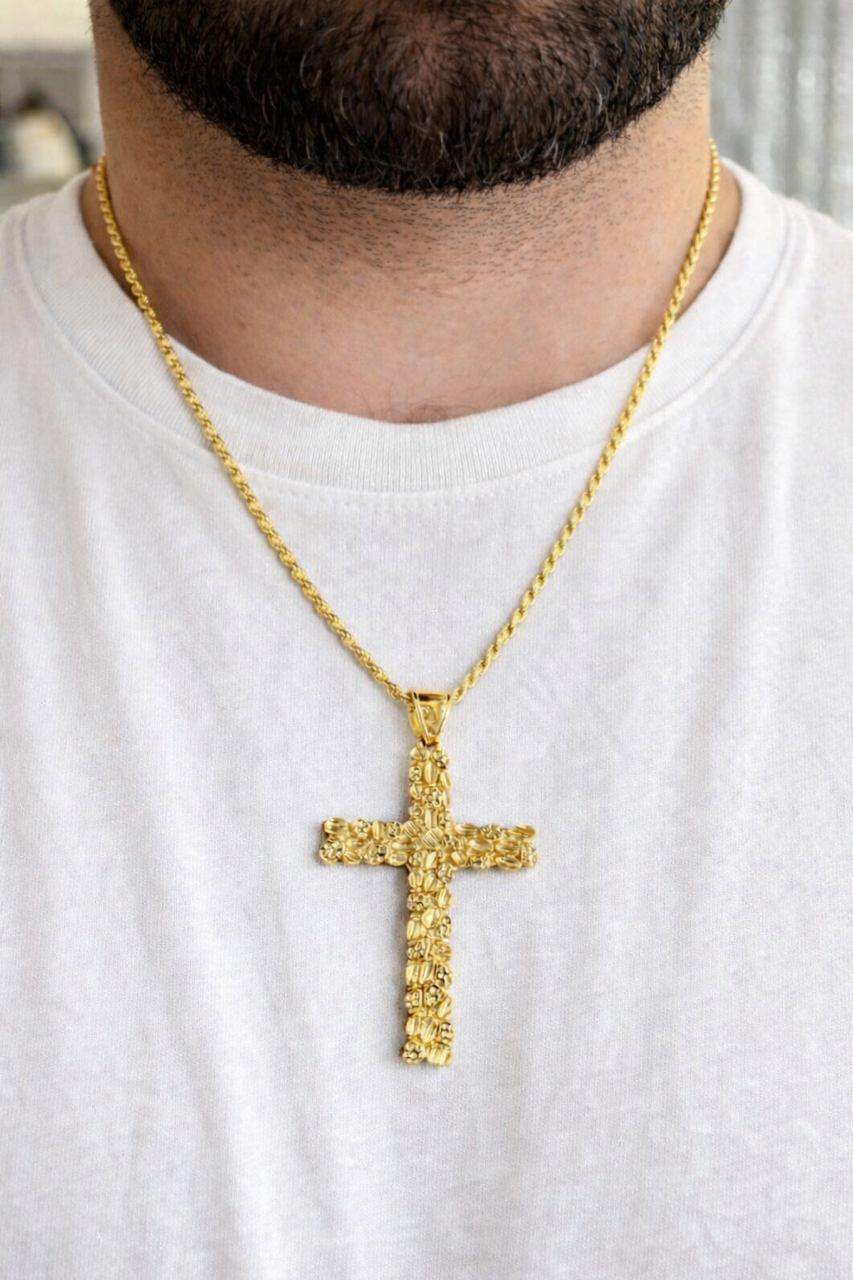 14k Gold over 925 Sterling Silver Nugget Cross Pendant