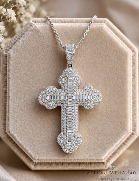 Baguette Moissanite 925 Sterling Silver Gothic Cross Pendant - 3 Sizes