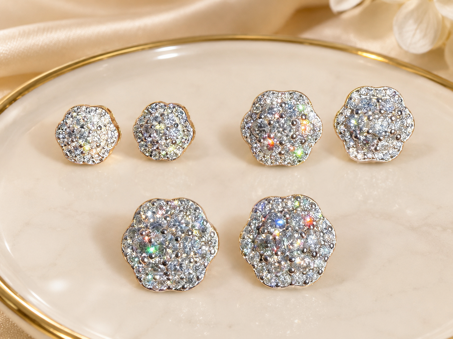 14k Gold Vermeil Over 925 Sterling Silver Moissanite Floral Cluster Stud Earrings 7.5mm - 11mm