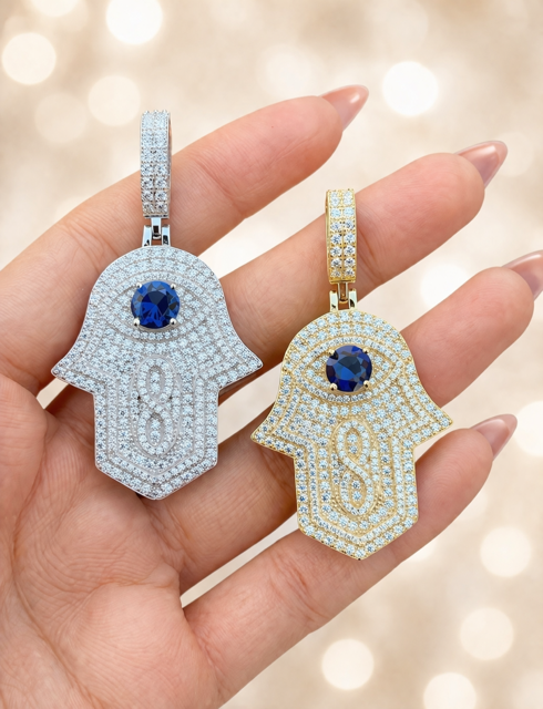 Moissanite Hamsa Evil Eye Pendant Simulated Sapphire Sterling Silver ~ Gold or Rhodium Finish