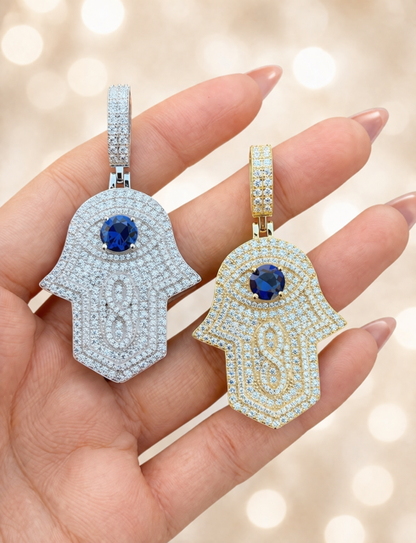 Moissanite Hamsa Evil Eye Pendant Simulated Sapphire Sterling Silver ~ Gold or Rhodium Finish