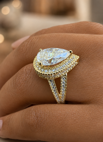 Pear Shape Moissanite Halo Ring in Gold