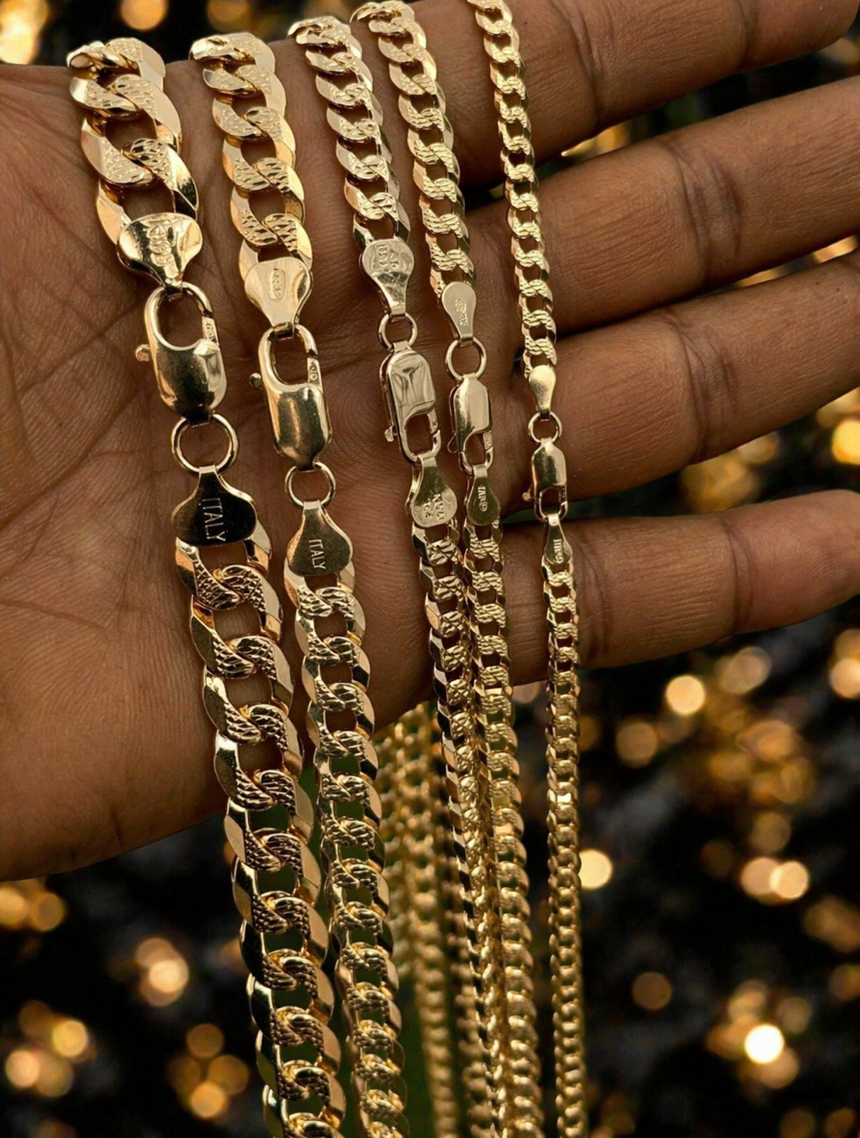 Diamond Cut FLAT Curb Cuban Chains 14k Gold Finish over Solid 925 Sterling Silver 3mm to 10.5mm