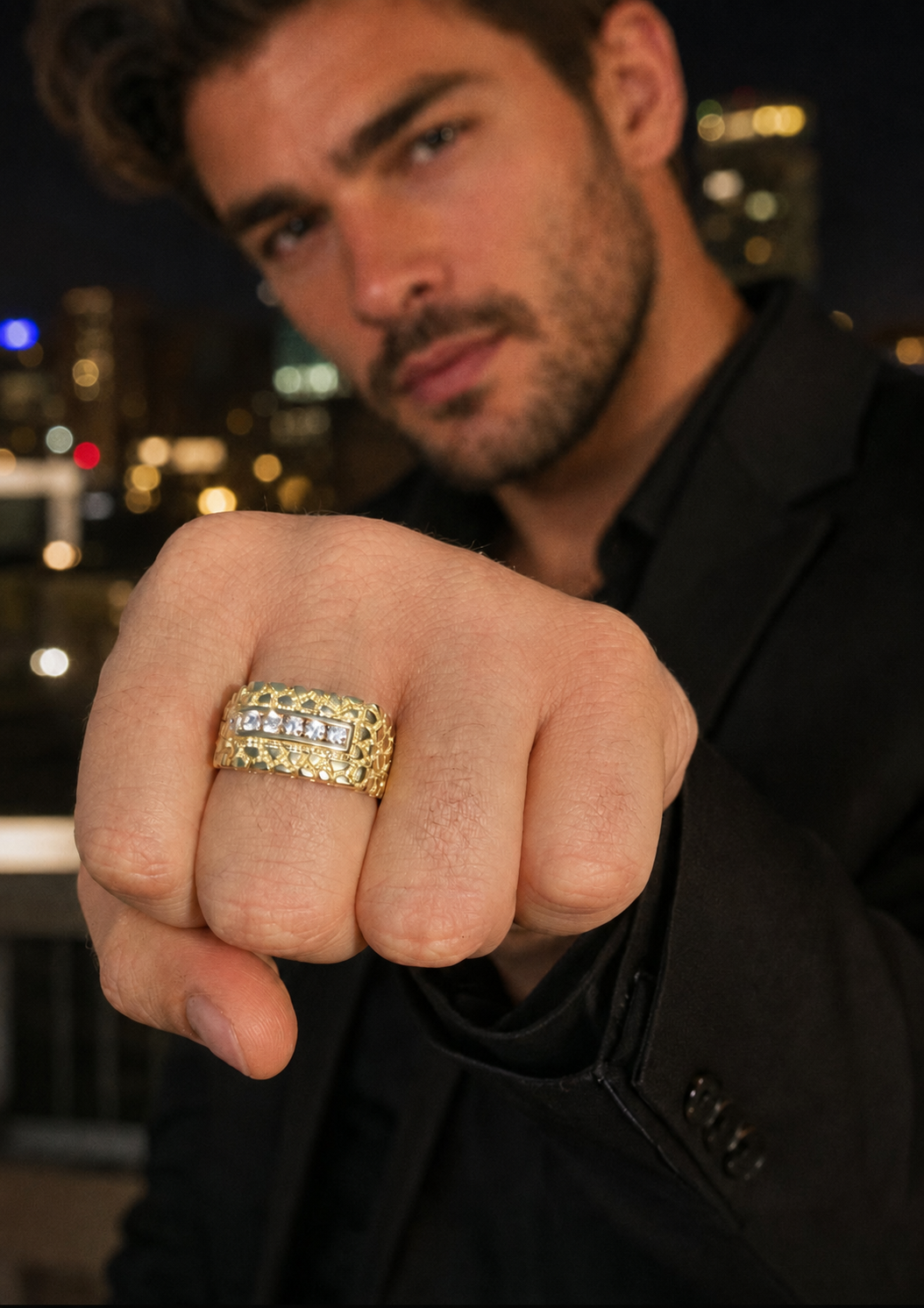 Gold Channel Set Nugget Ring 925 Silver CZ Stones