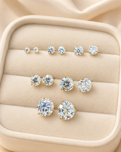 Gold Over Sterling Silver Moissanite 3 Prong Martini Set Solitaire Stud Earrings 3mm to 10mm PUSH BACKS