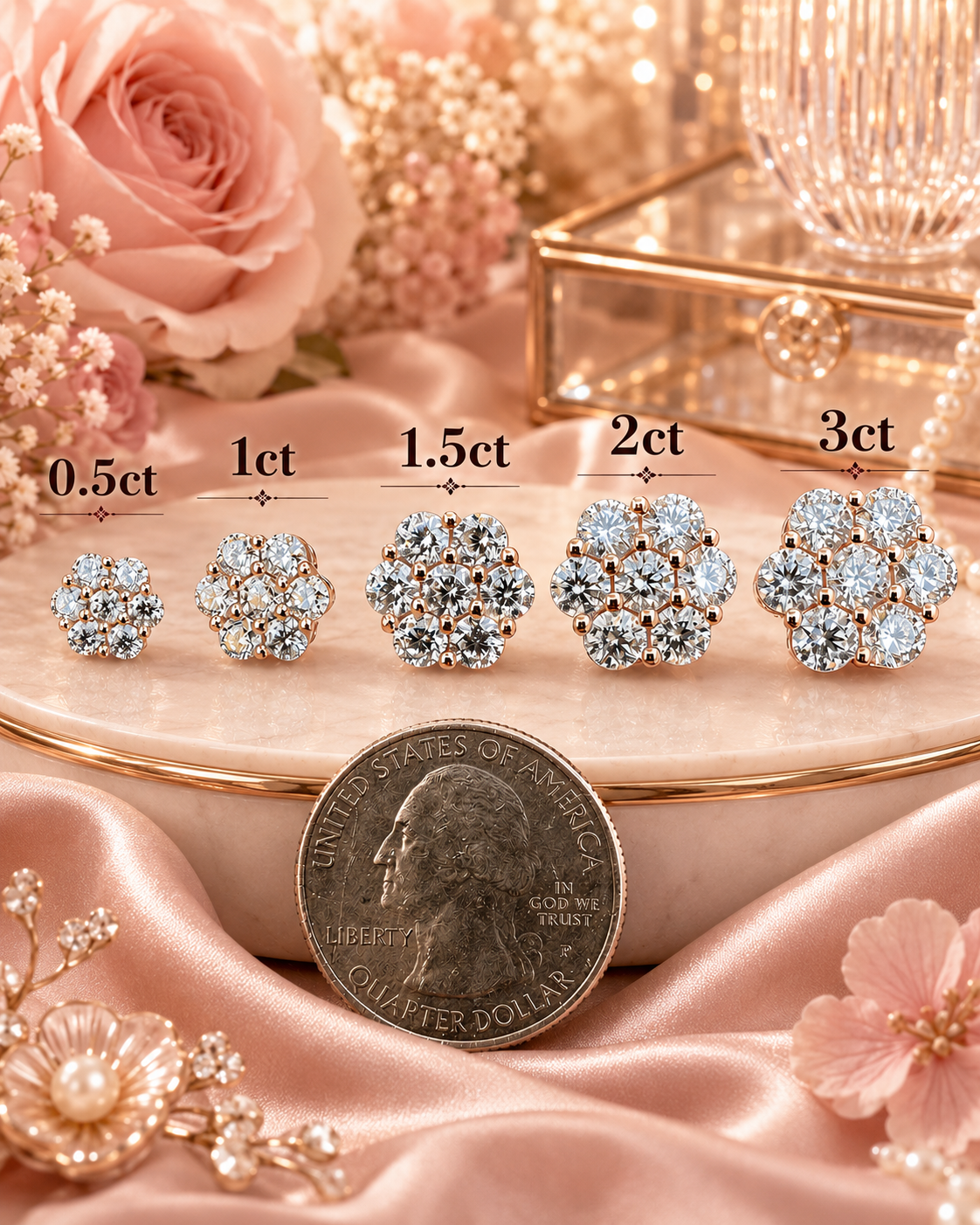 Rose Gold Over Sterling Silver Moissanite Floral Honeycomb Design Stud Earrings 6mm - 11mm