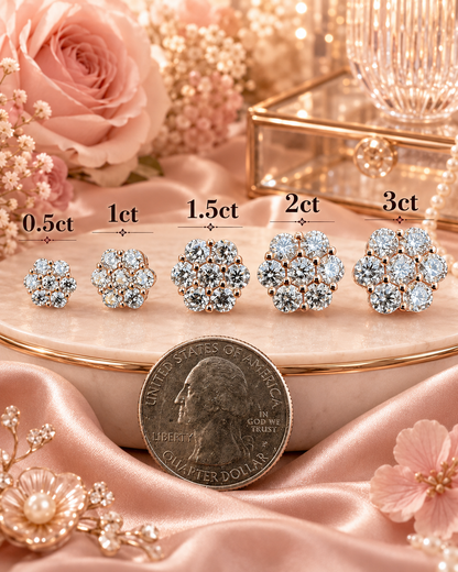 Rose Gold Over Sterling Silver Moissanite Floral Honeycomb Design Stud Earrings 6mm - 11mm
