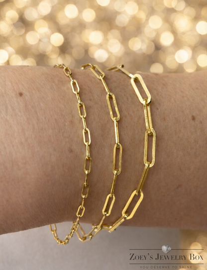 14k Gold Over Solid 925 Sterling Silver Paper Clip Bracelets 2.5mm, 3mm, 4mm