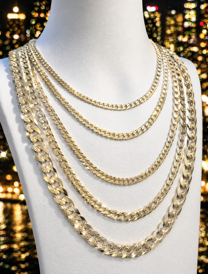 Diamond Cut FLAT Curb Cuban Chains 14k Gold Finish over Solid 925 Sterling Silver 3mm to 10.5mm