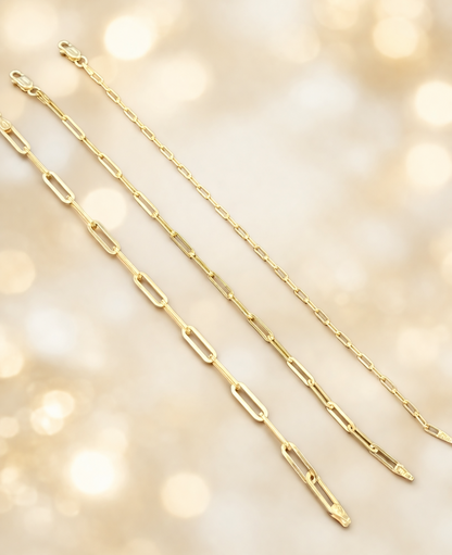 14k Gold Over Solid 925 Sterling Silver Paper Clip Bracelets 2.5mm, 3mm, 4mm