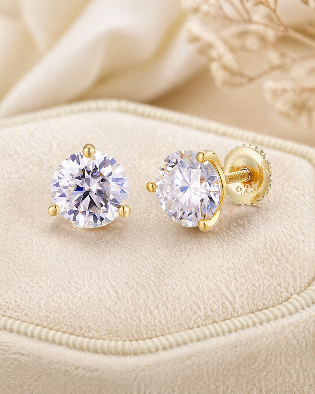 Gold Over Sterling Silver Moissanite 3 Prong Martini Set Solitaire Stud Earrings 3mm to 10mm SCREW BACKS