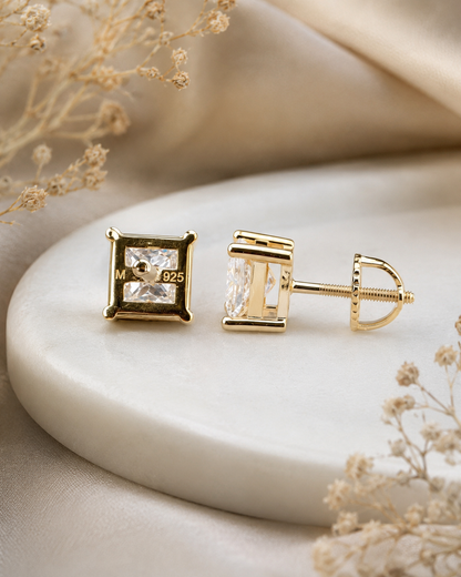 Moissanite Princess Cut Stud Earrings (14k Gold Vermeil, 925 Silver, 3mm–9mm)