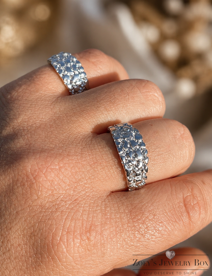 Silver Alaskan Nugget Ring Solid 925 Sterling Silver Rhodium Finish