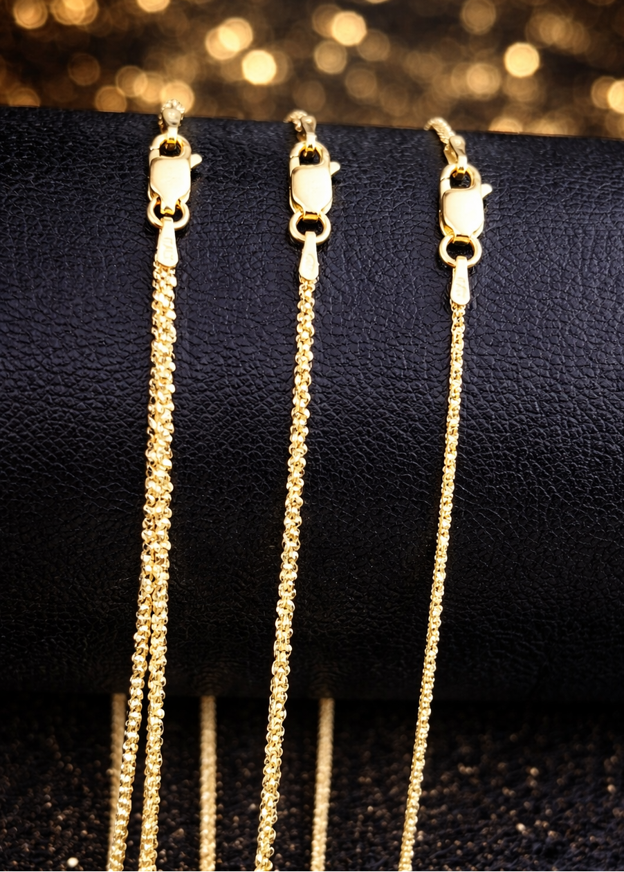 14k Gold Over 925 Sterling Silver Margarita Sparkle Rope Chains 1mm, 2mm, 3mm