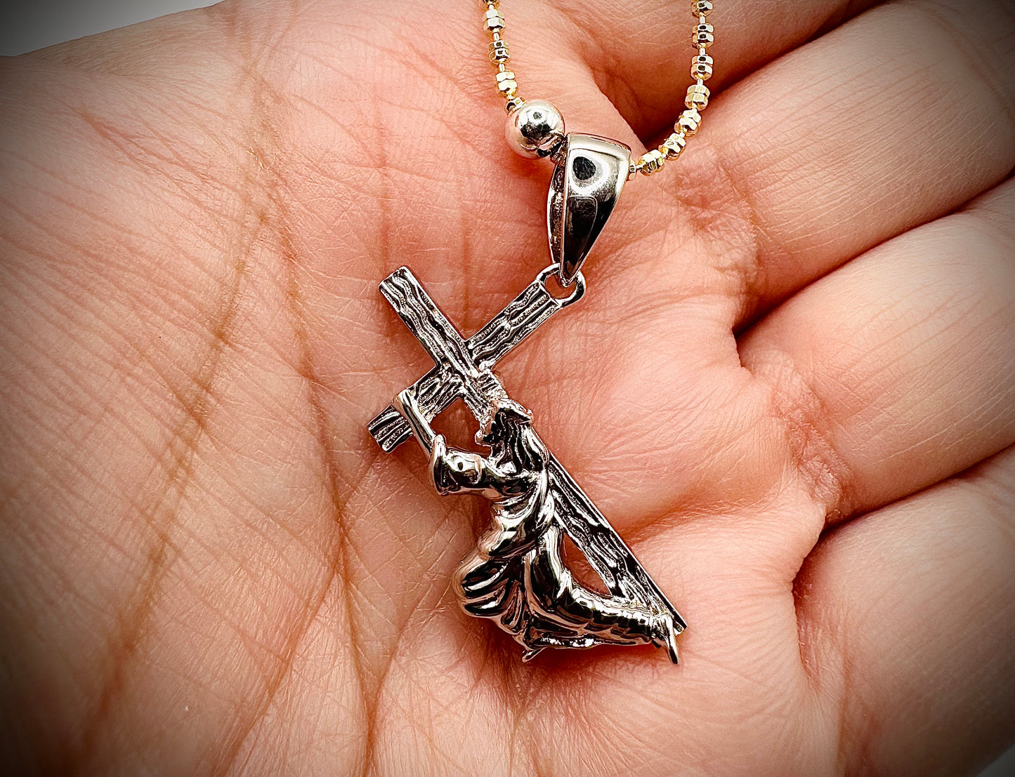 Small Jesus Carrying Cross Pendant – Gold or Silver