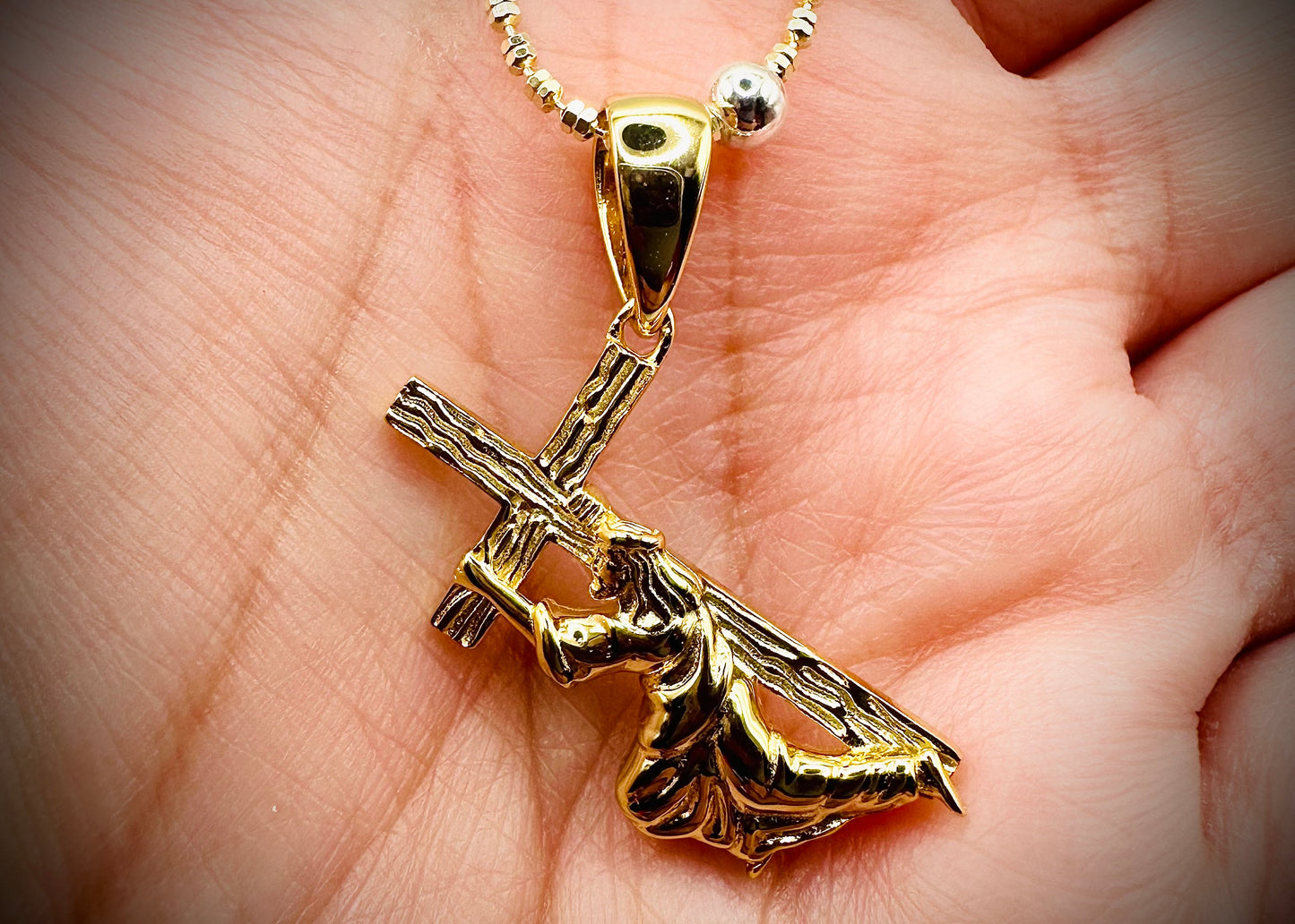Small Jesus Carrying Cross Pendant – Gold or Silver