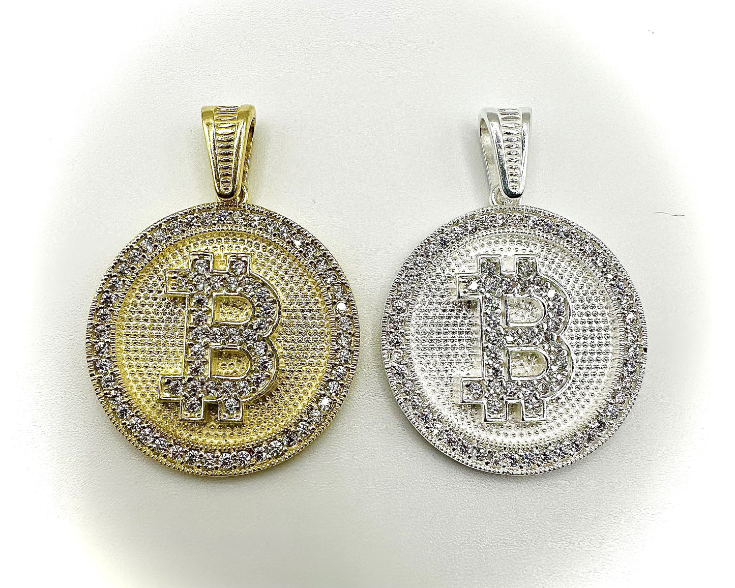 Iced Out Bitcoin Pendant – Gold & Silver