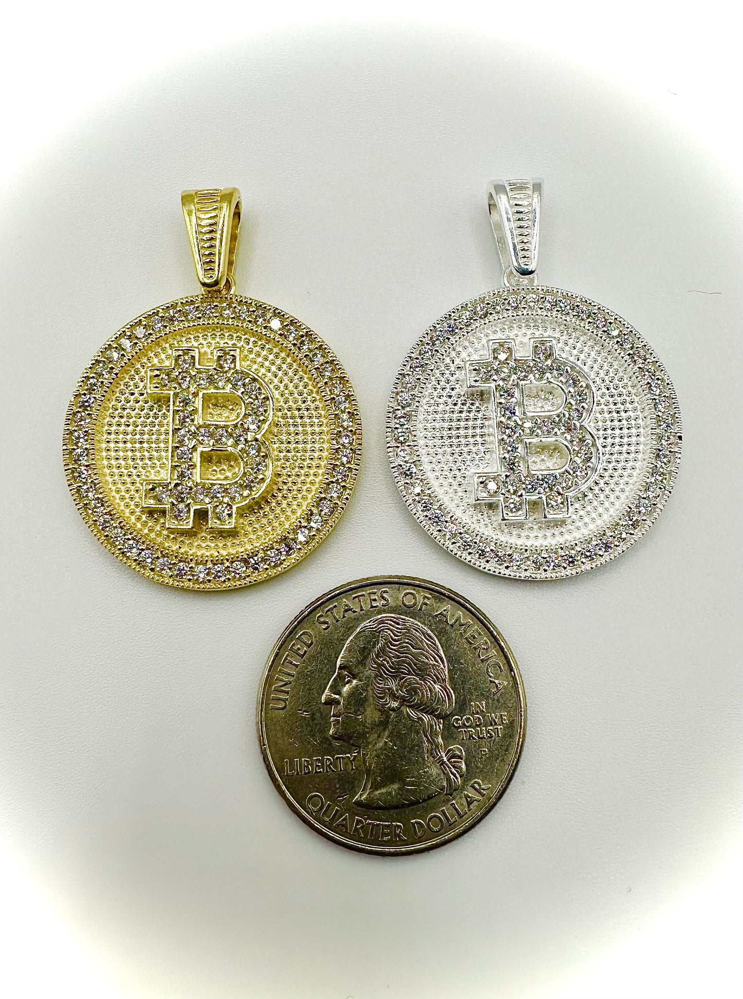 Iced Out Bitcoin Pendant – Gold & Silver